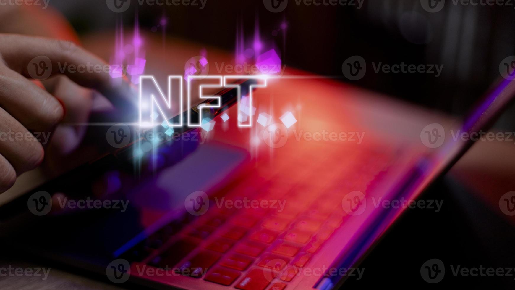 businessman finger touch virtual screen, NFT token digital crypto art blockchain technology concept photo