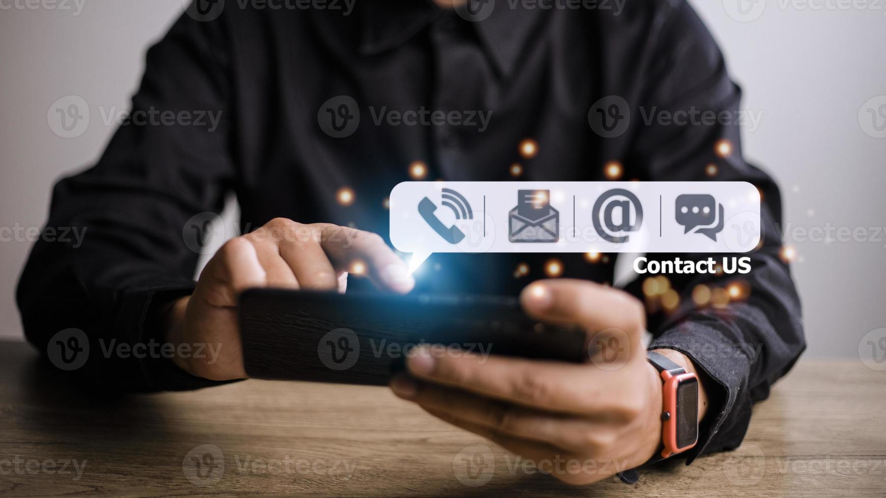 CONTACT US, Hand of people holding mobile smartphone with  mail, phone, email, chat  icon. customer support concept, photo