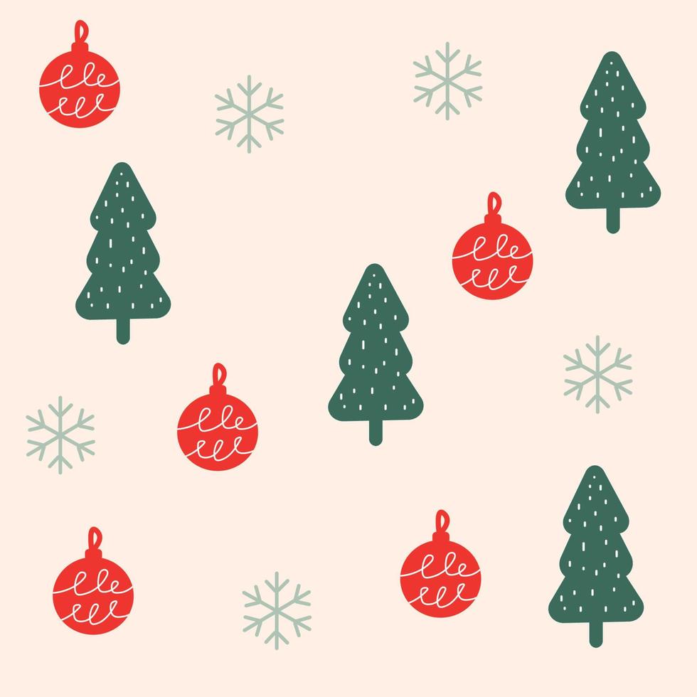 pino, bola de navidad y copo de nieve. árboles de navidad coloridos. patrón sin costuras bueno para carteles, impresiones, artículos de papelería y otras artesanías de papel con temas de navidad y año nuevo. vector