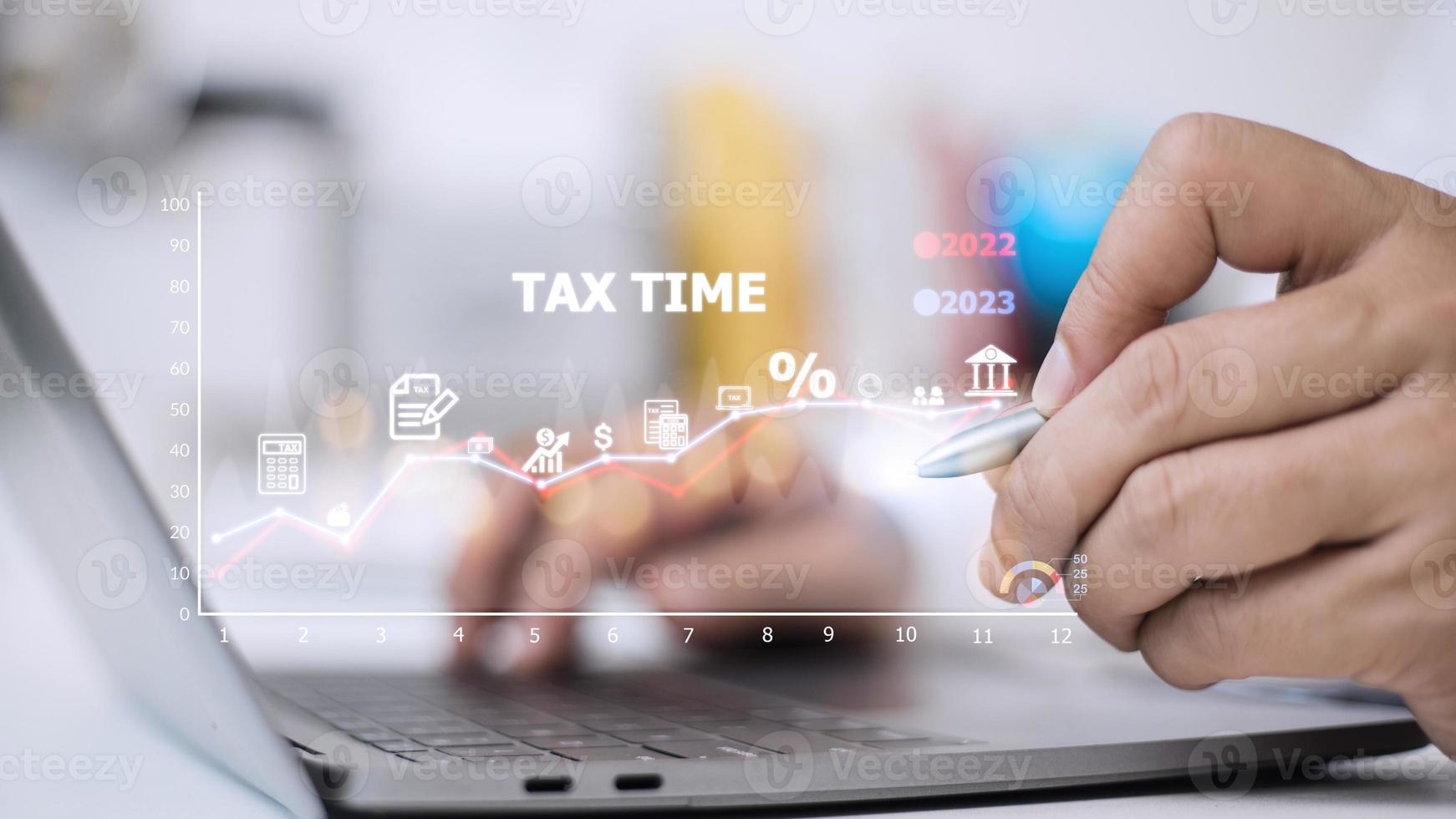 Concept of tax payment optimization business finance, people with taxes icon on technology screen, income tax and property, background for business, individuals and corporations such as VAT photo