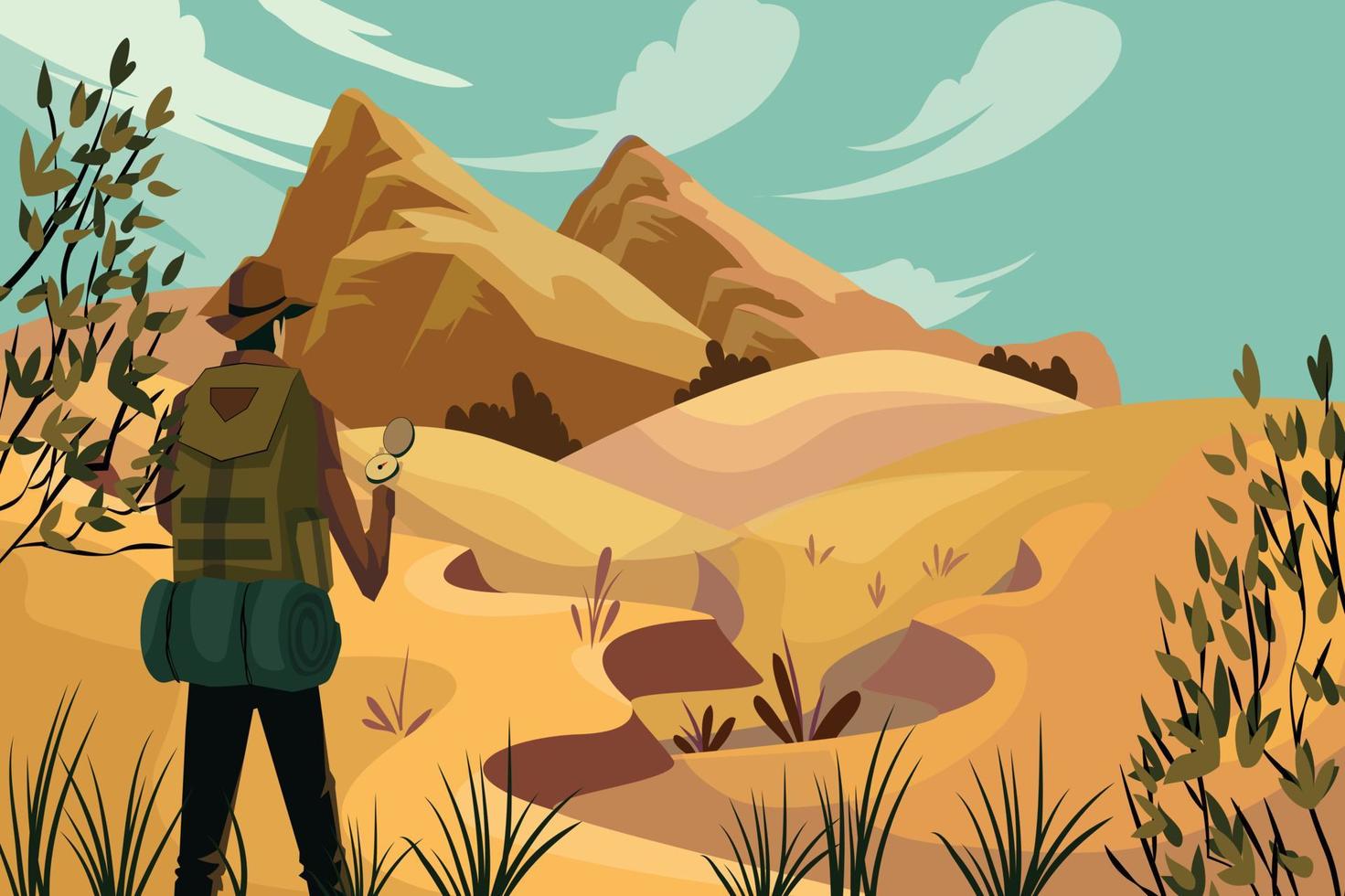 a view of a person in the desert and mountains. Suitable for background, landing page. Beautiful desert and mountain views vector