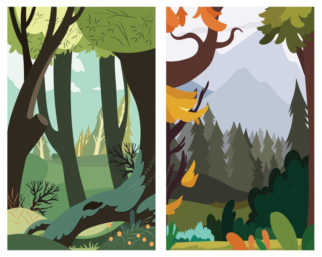 two Vector landscape of forest and mountains. Suitable for background, landing page. View of the leaves of trees in the forest and mountains