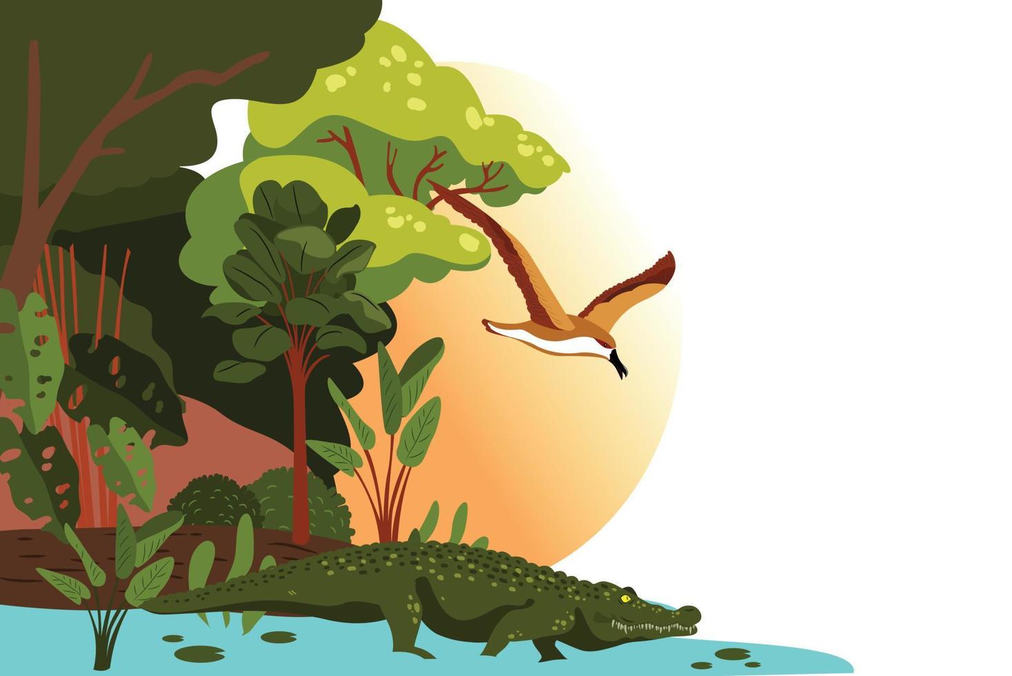 landscape of crocodiles and birds by the river in the middle of the forest vector