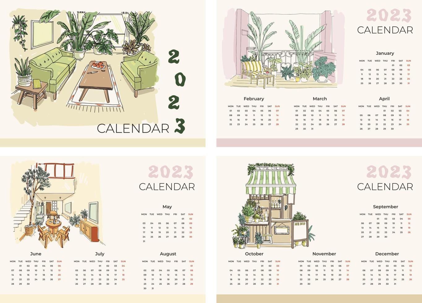 calendar 2023 with pictures of beautiful room views vector