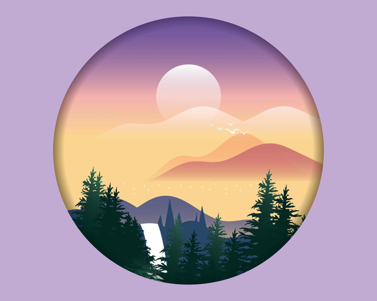 Mountain landscape vector, in circle sphere. Suitable for backgrounds, landing pages, mountain views, clouds and trees vector