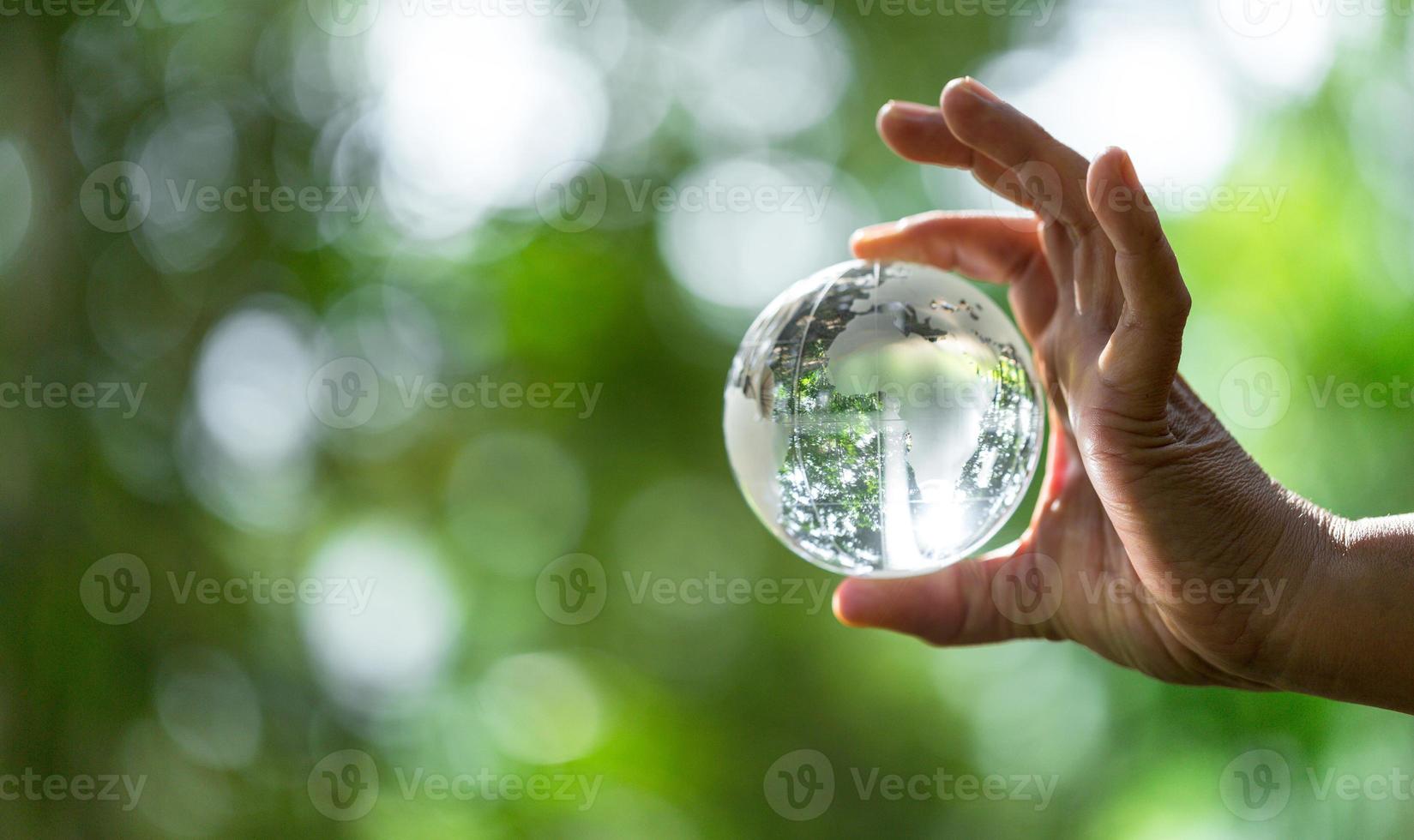 bola de cristal utilizada como objeto revelador. parque natural con árboles al fondo. mano para el medio ambiente, social y gobernanza en negocios sostenibles y éticos sobre fondo verde. foto