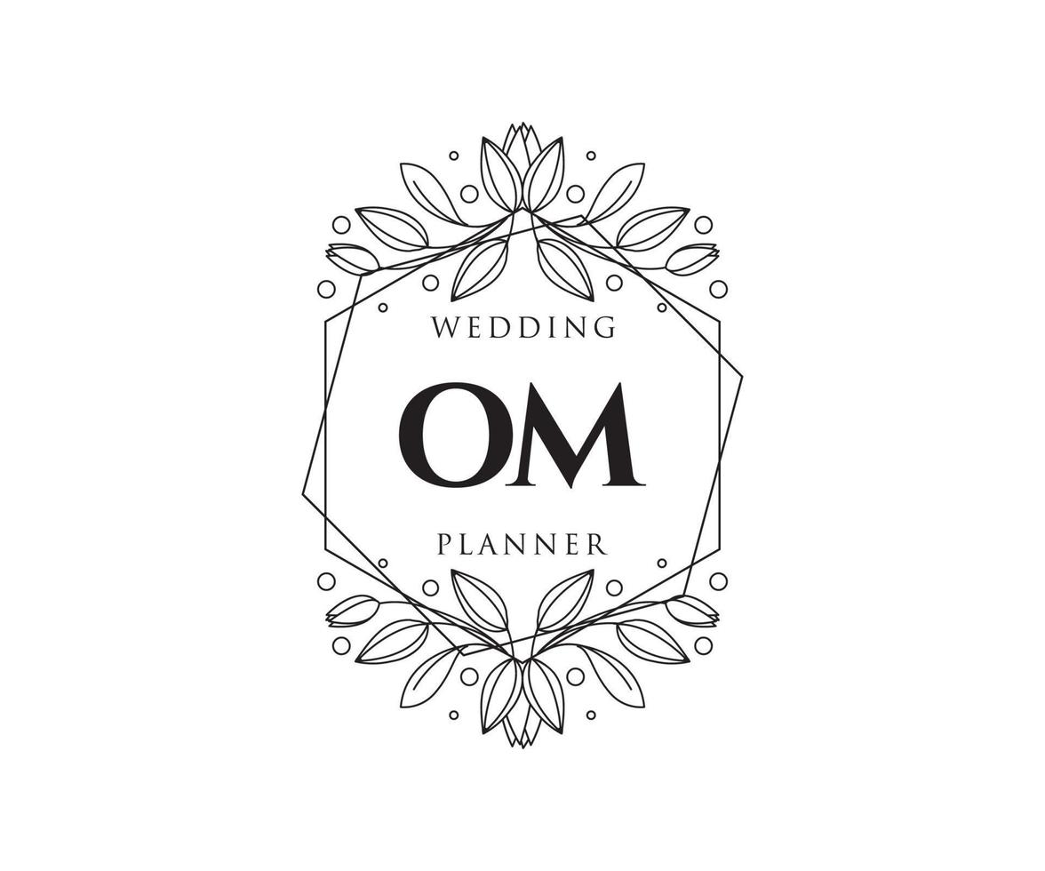 Colección de logotipos de monograma de boda con letras iniciales om, plantillas florales y minimalistas modernas dibujadas a mano para tarjetas de invitación, guardar la fecha, identidad elegante para restaurante, boutique, café en vector