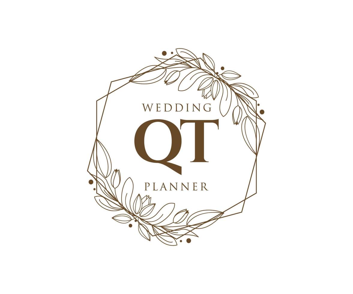 QT Initials letter Wedding monogram logos collection, hand drawn modern minimalistic and floral templates for Invitation cards, Save the Date, elegant identity for restaurant, boutique, cafe in vector