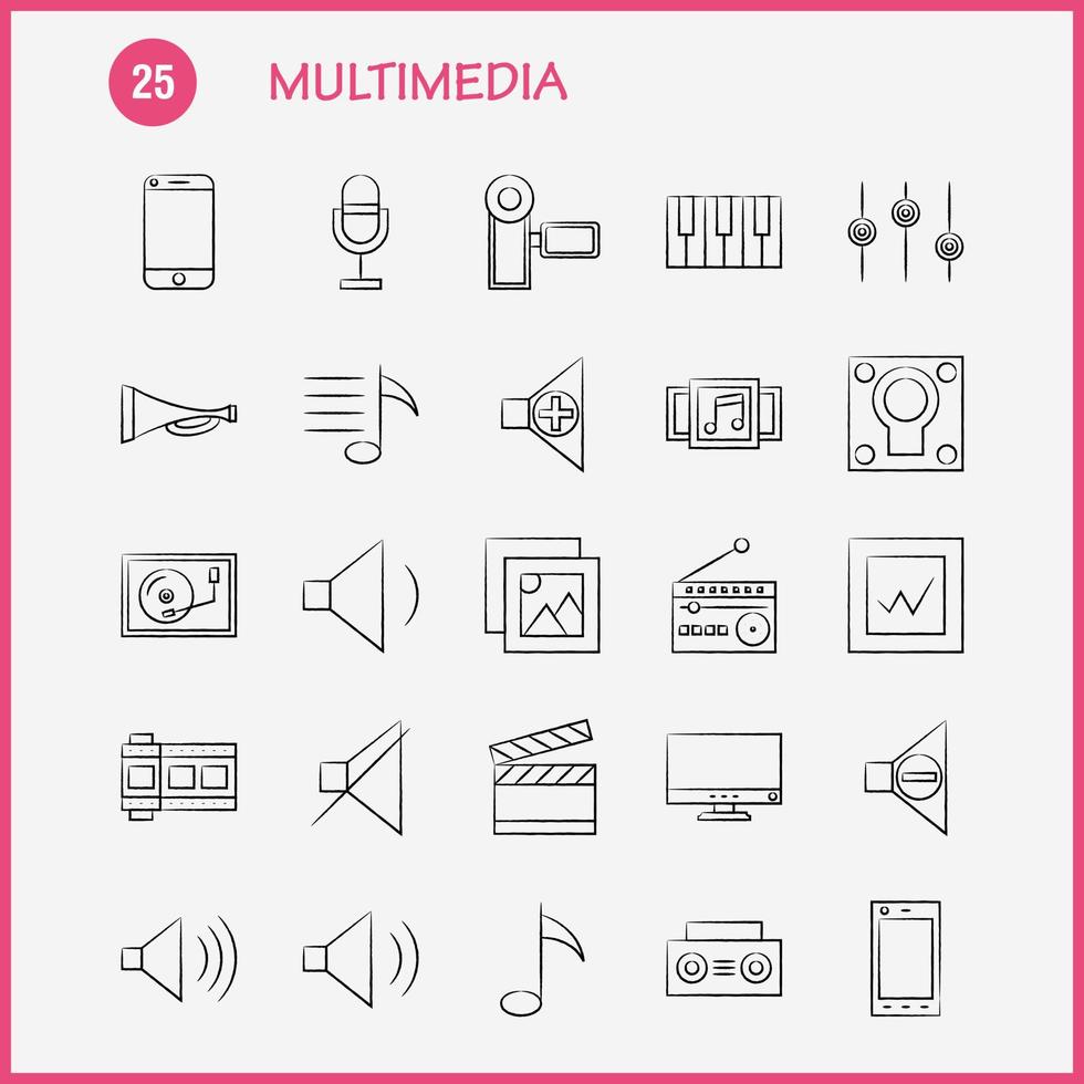 icono multimedia dibujado a mano para impresión web y kit uxui móvil como teléfono móvil teléfono inteligente llamada cámara archivo foto diapositiva pictograma paquete vector