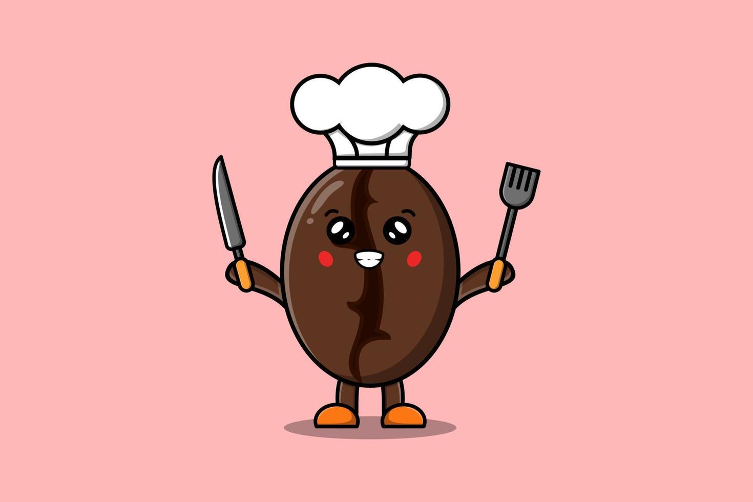 Cute cartoon Coffee beans chef hold knife and fork vector