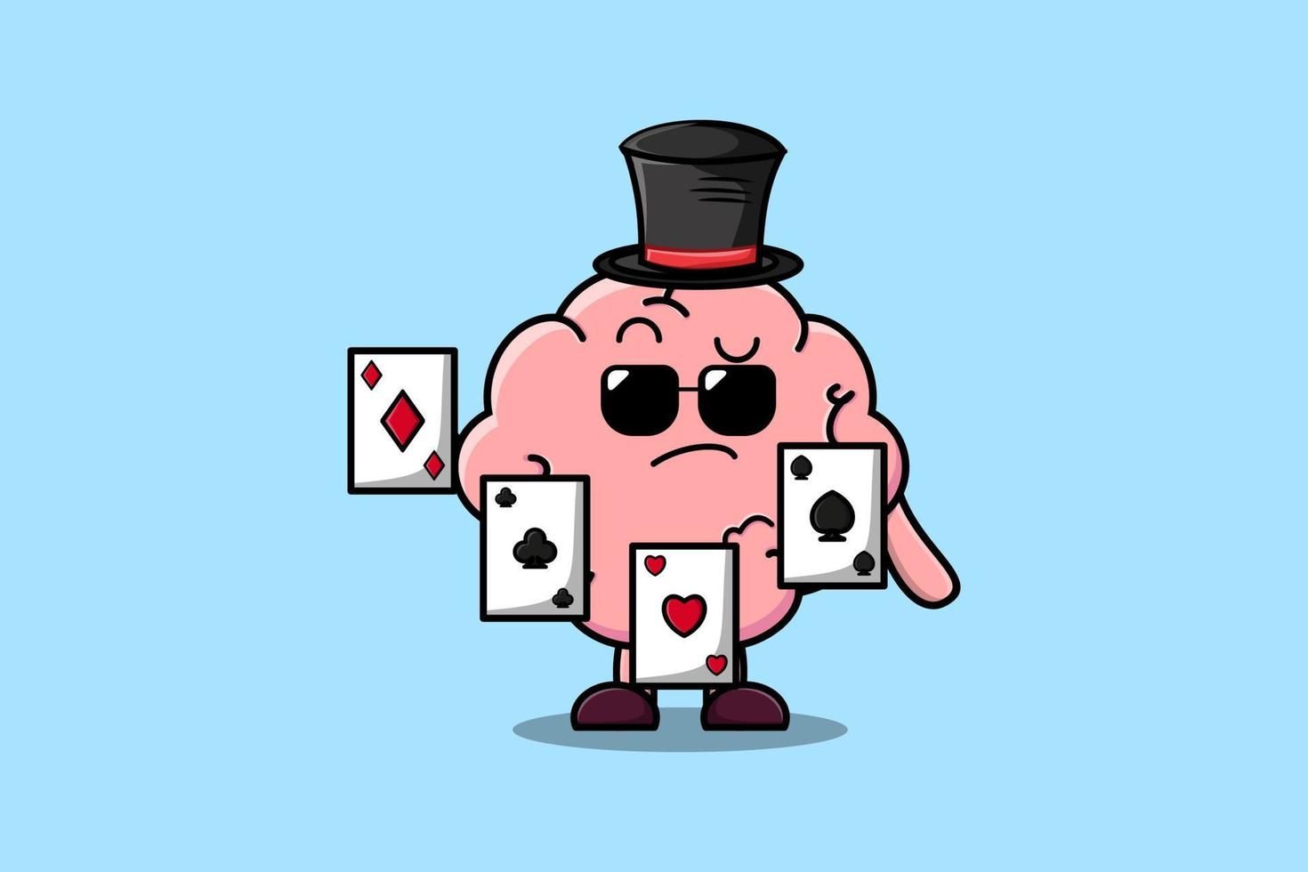 lindo cerebro de dibujos animados mago jugando cartas mágicas vector
