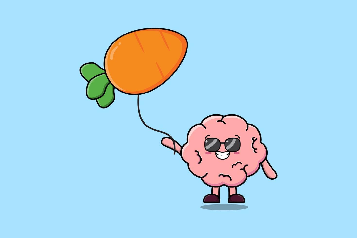 lindo cerebro de dibujos animados flotando con globo de zanahoria vector