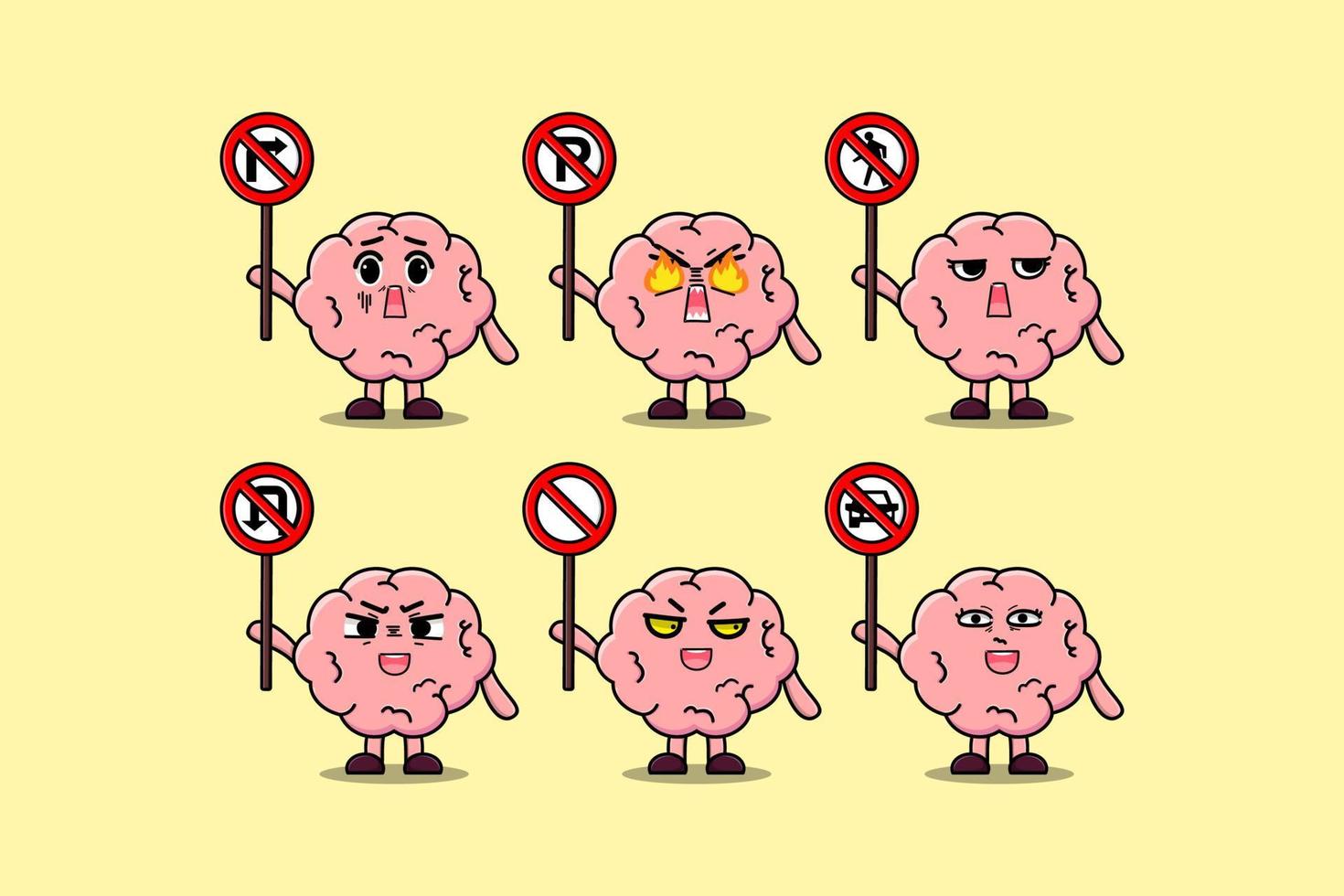 lindo personaje de dibujos animados de cerebro con señal de tráfico vector