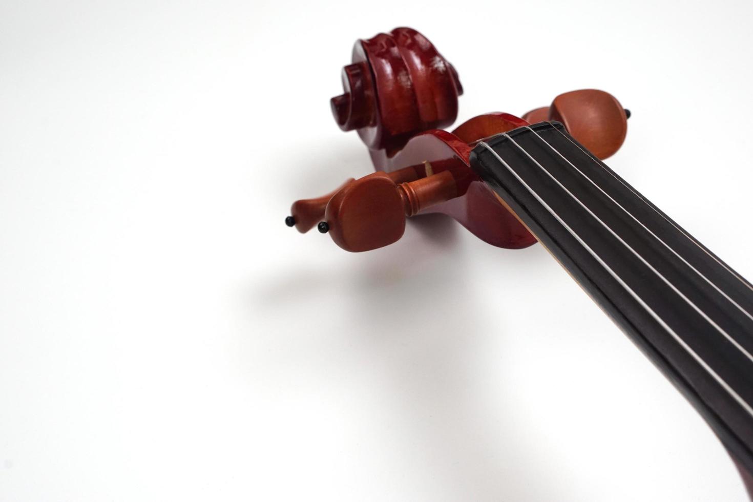 Close up of violin neck against on white background with copy space. Instrument and musical concept. photo