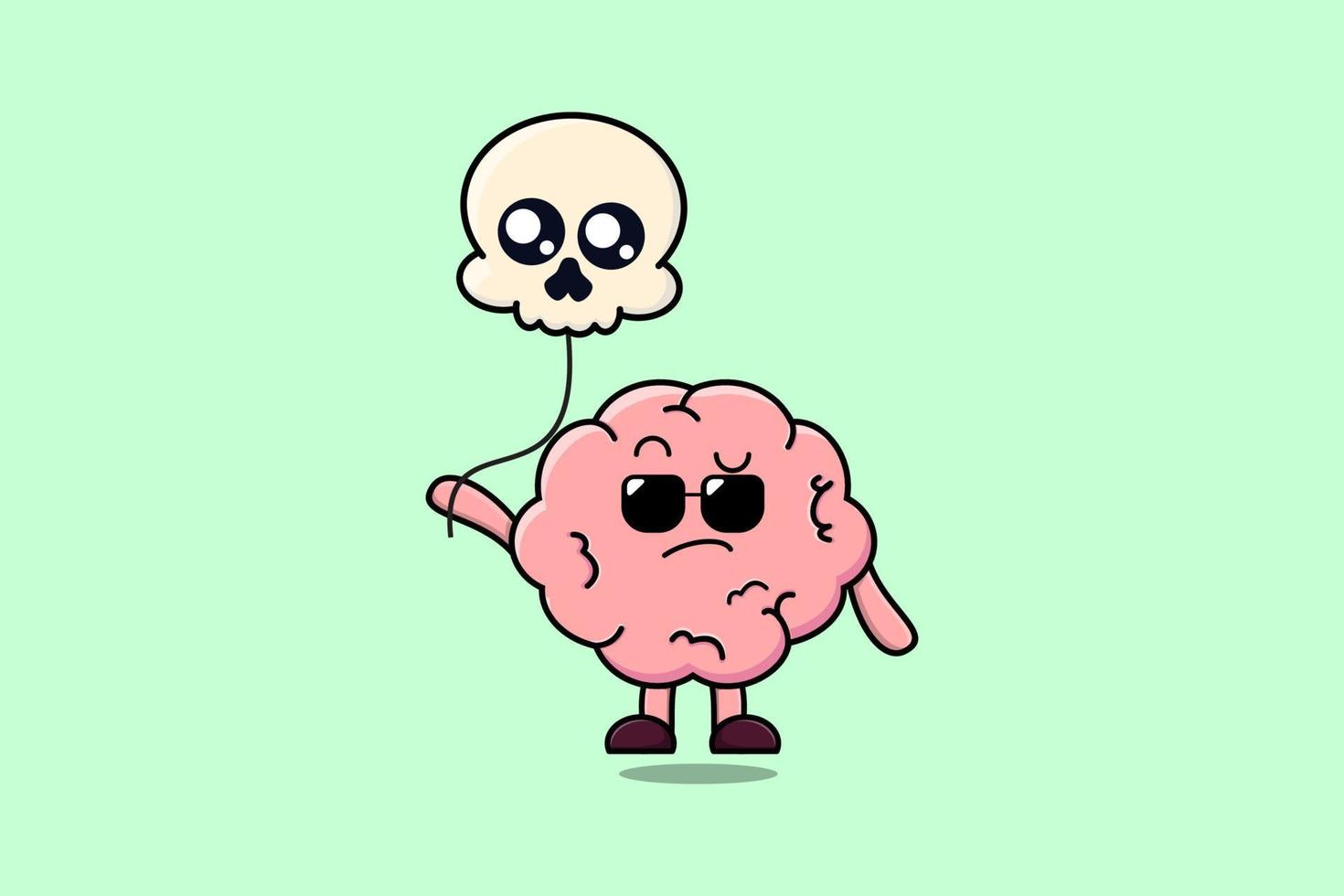 Cute cartoon Brain floating with skull balloon vector