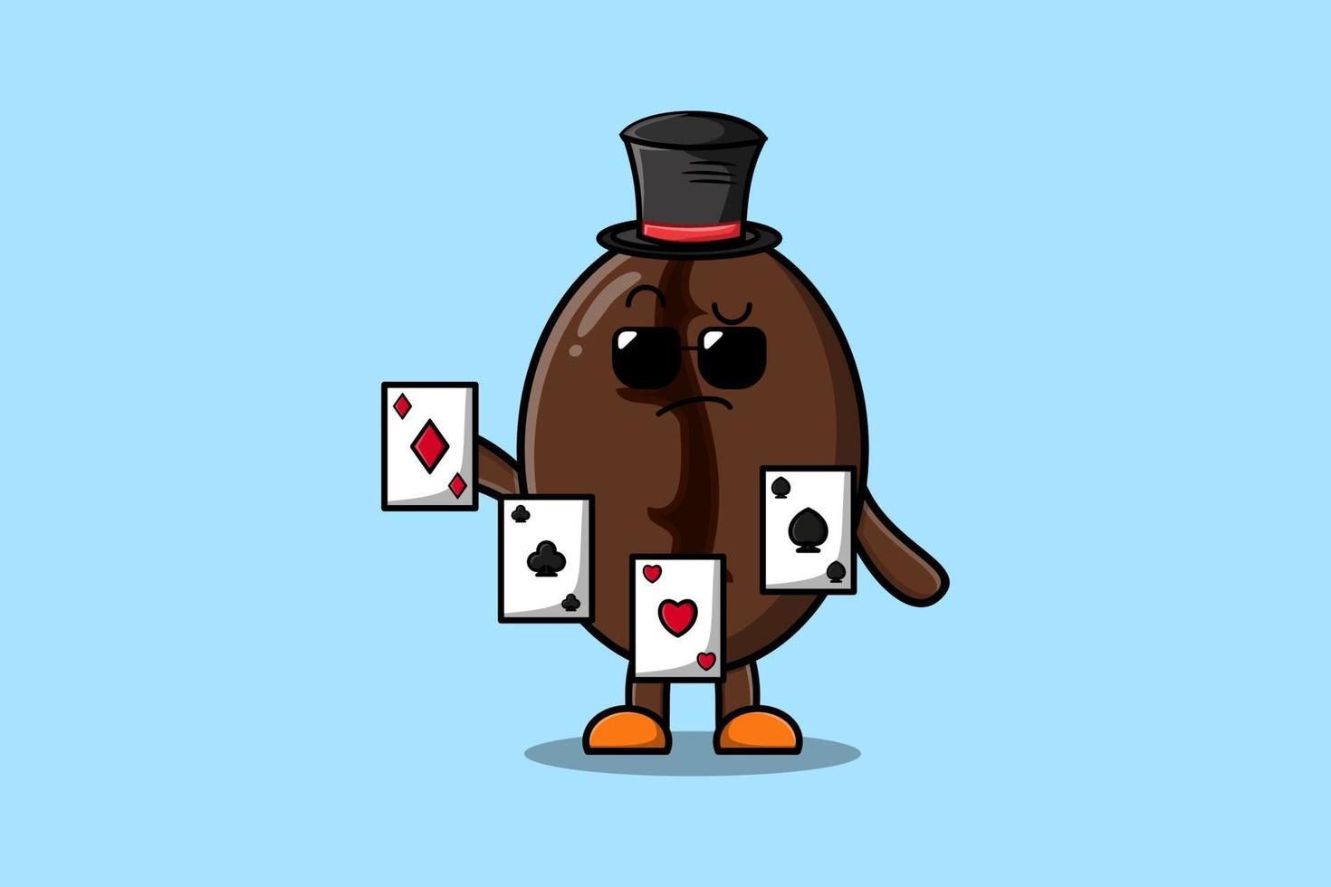 mago de granos de café de dibujos animados jugando cartas mágicas vector