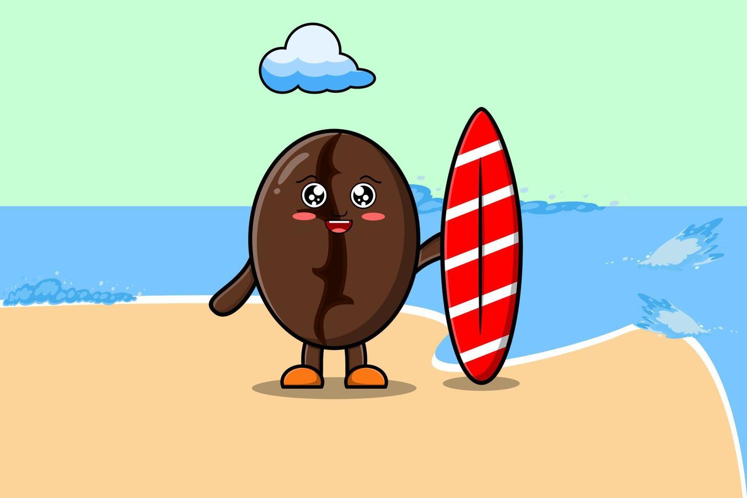 Cute cartoon Coffee beans character play surfing vector