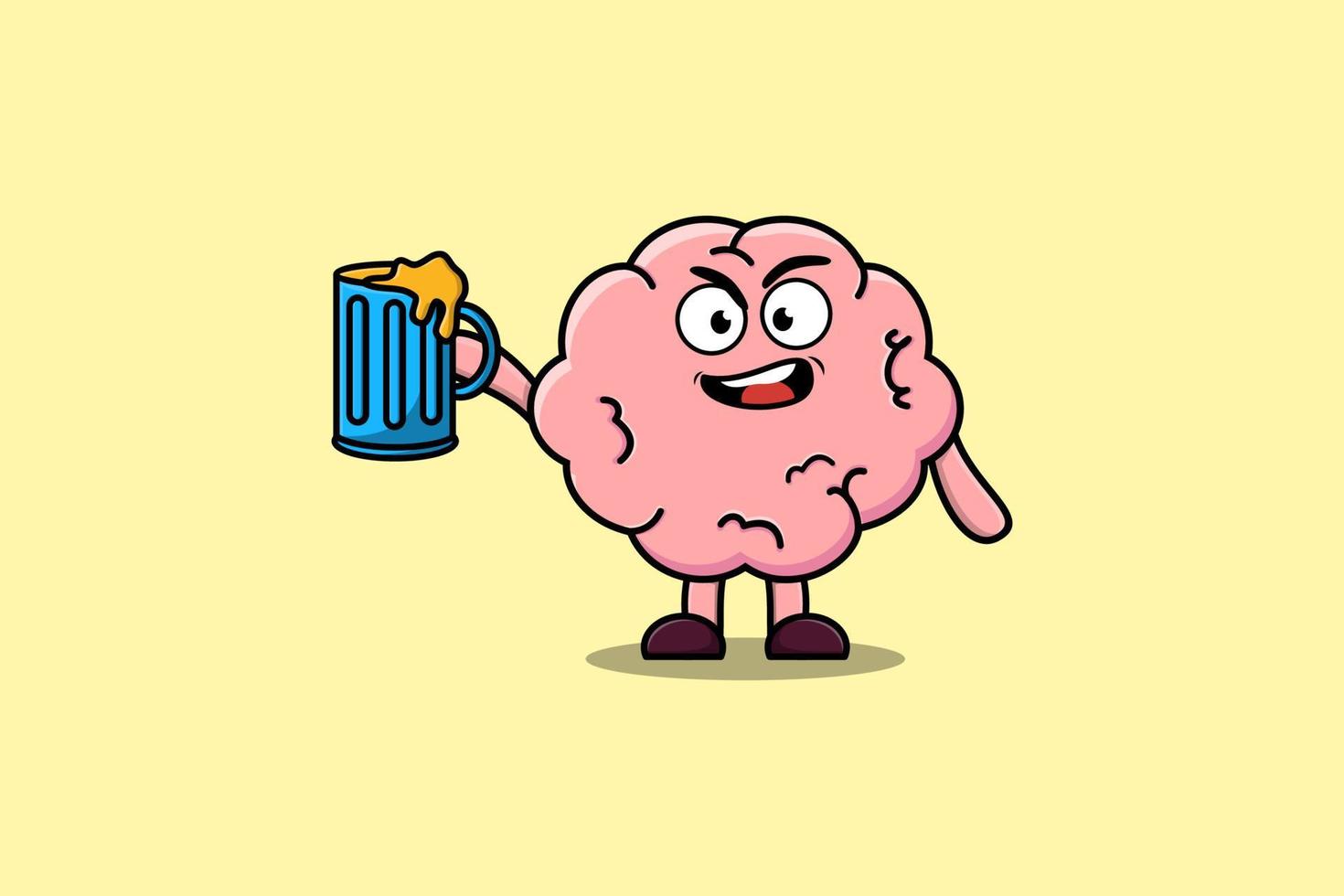 Cute Brain cartoon character with beer glass vector
