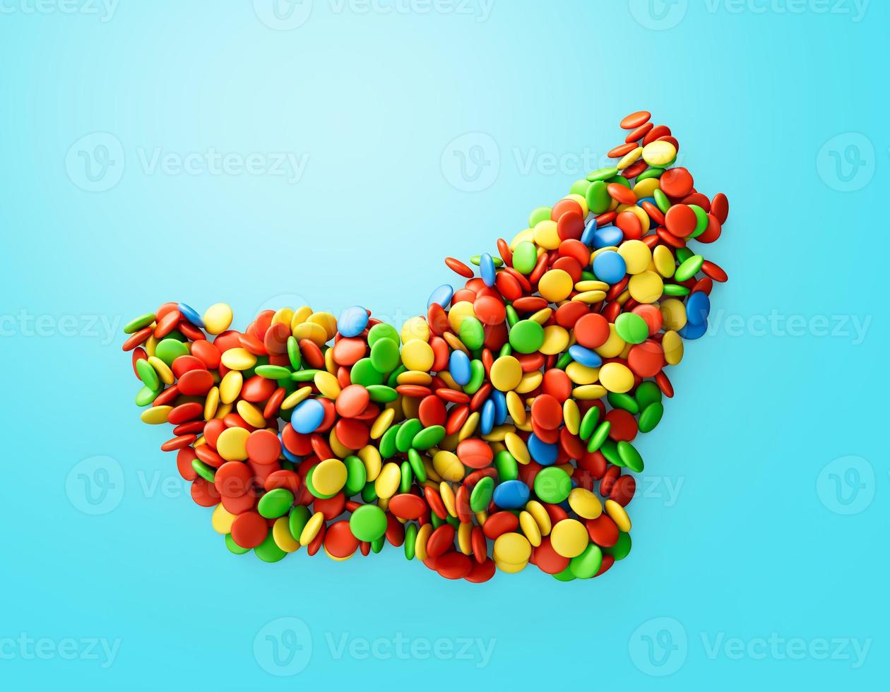 Rainbow multicolored sweet candy dragees in shape of UAE map isolated on white background. 3d illustration photo