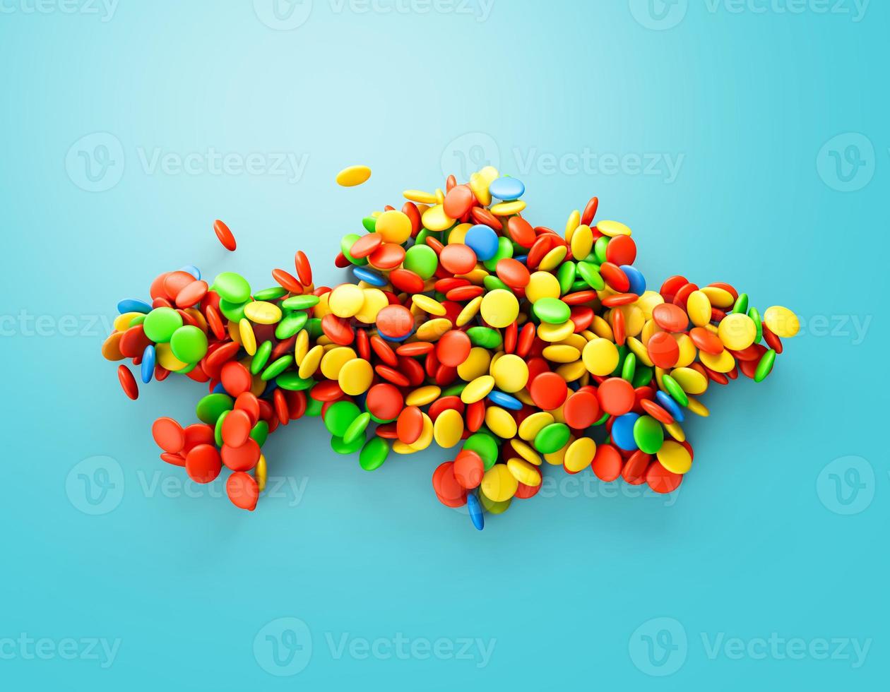 Kazakhstan multicolored sweet candy Dragees in shape of Kazakhstan map isolated on white background. 3d illustration photo