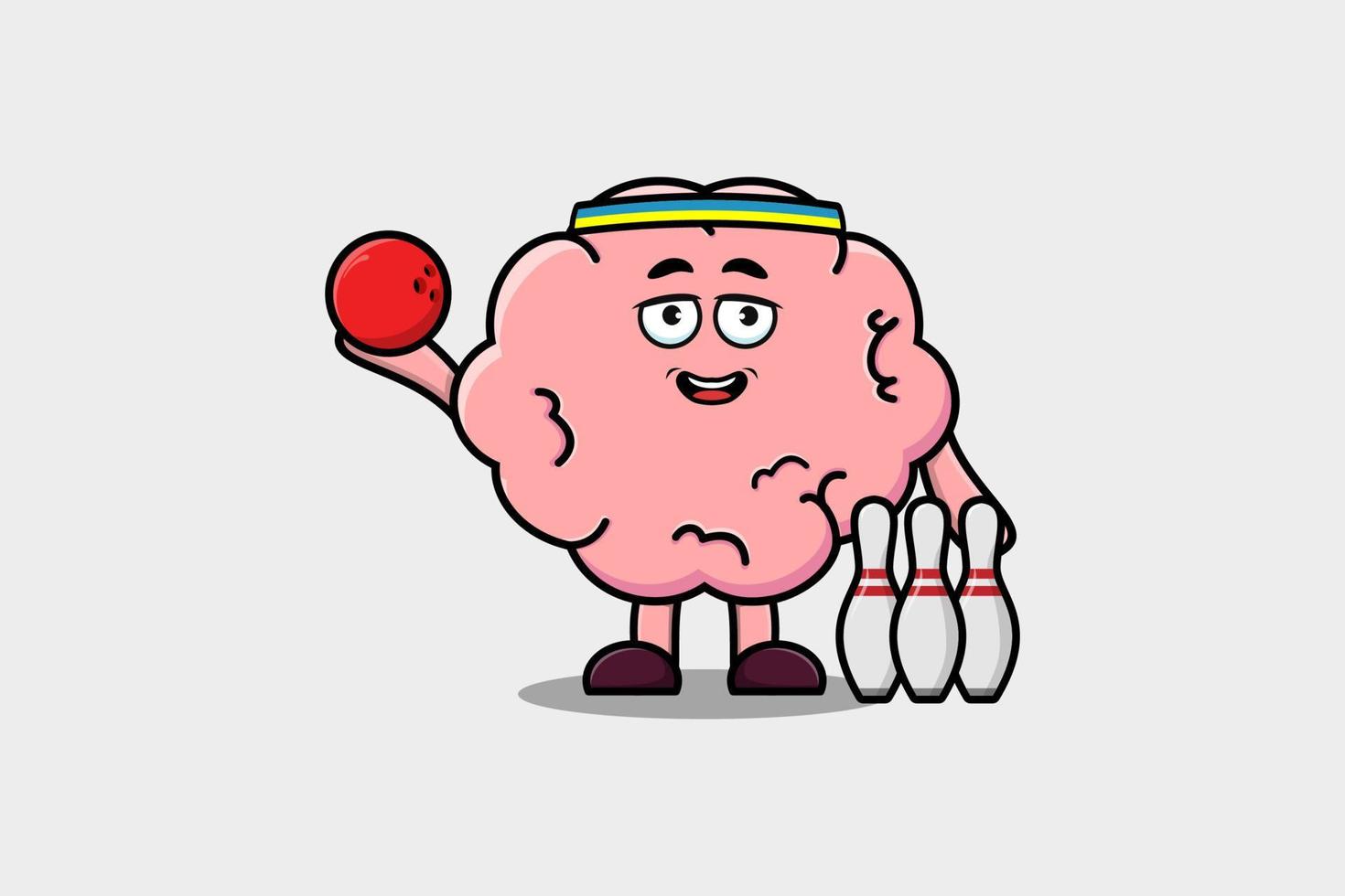 Cute cartoon Brain character playing bowling vector