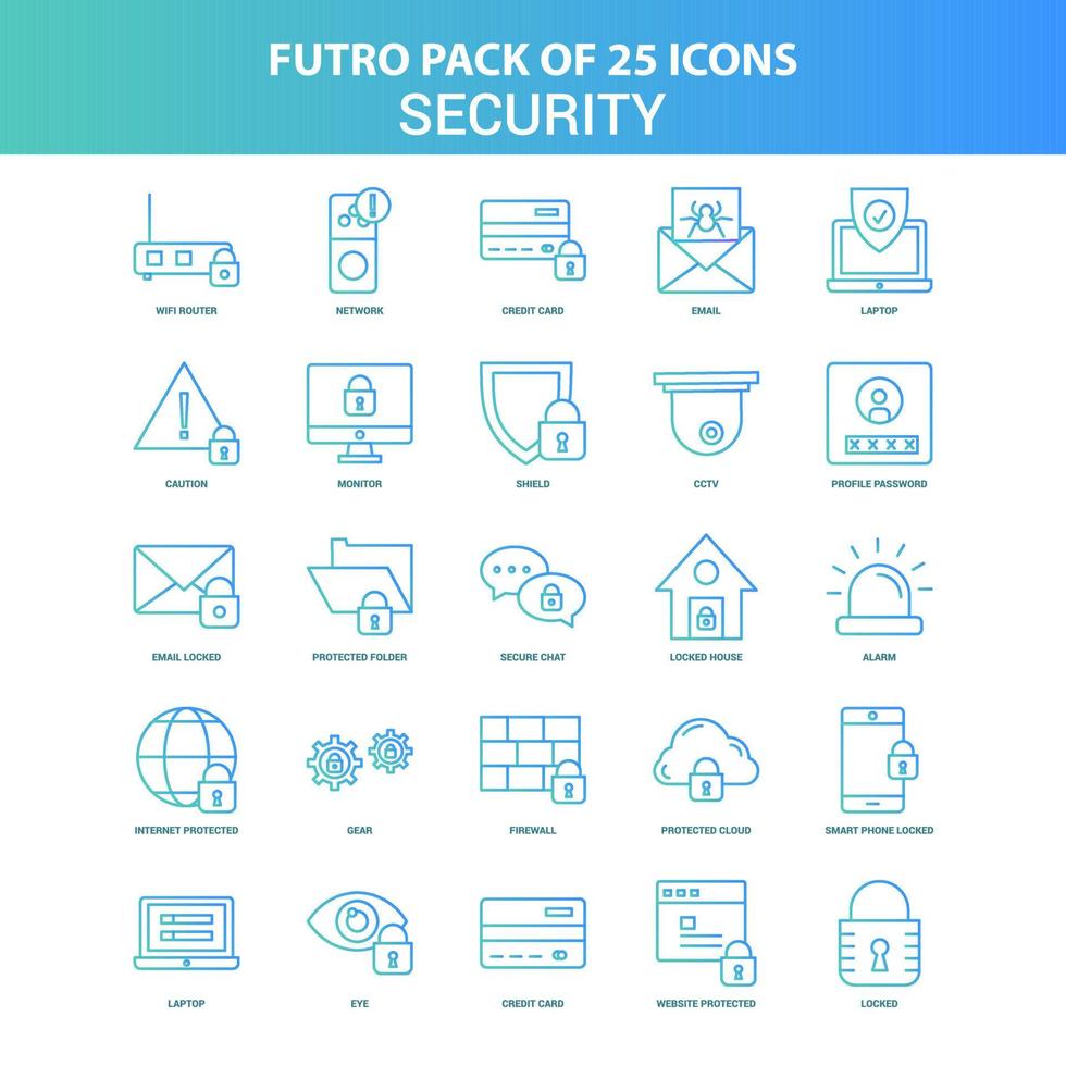 25 paquete de iconos de seguridad futuro verde y azul vector