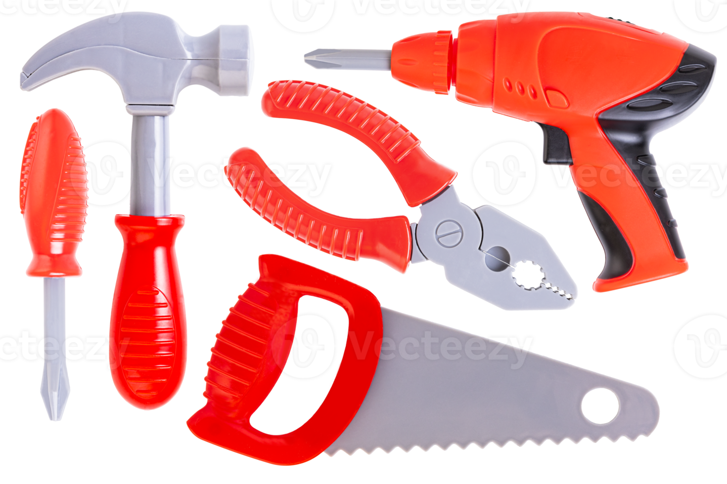 Set, children's toy tool, drill, screwdriver, hammer, pliers, saw. Plastic children's toys. Transparent background. PNG. png