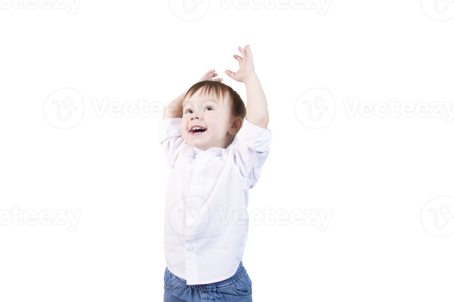 Boy with blond hair smiling and emotions on the face and raised hands, age two. transparent background. PNG