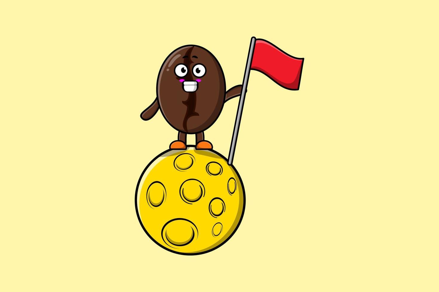 Cute cartoon Coffee beans stand on moon with flag vector