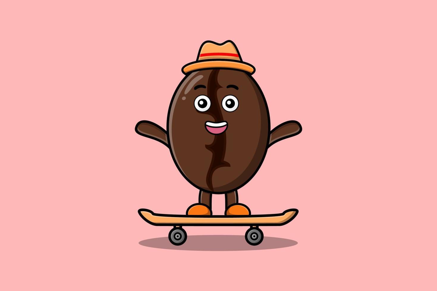 cute cartoon Coffee beans standing on skateboard vector