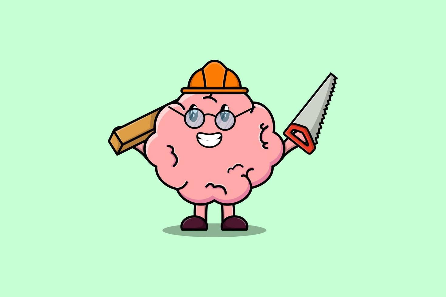 Cute cartoon Brain as carpenter character with saw vector