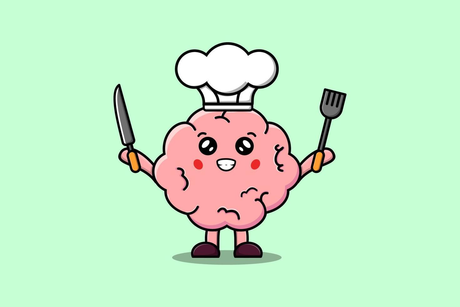 Cute cartoon Brain chef holding knife and fork vector