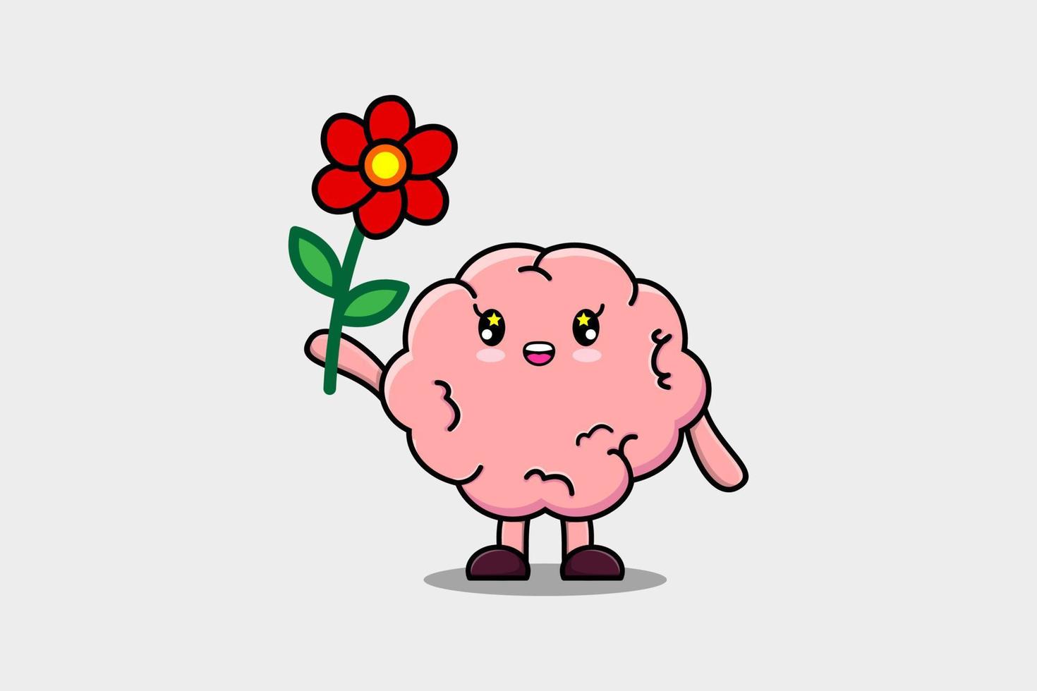 Cute cartoon Brain character holding red flower vector