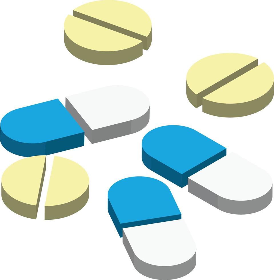 Pills and capsules illustration in 3D isometric style vector