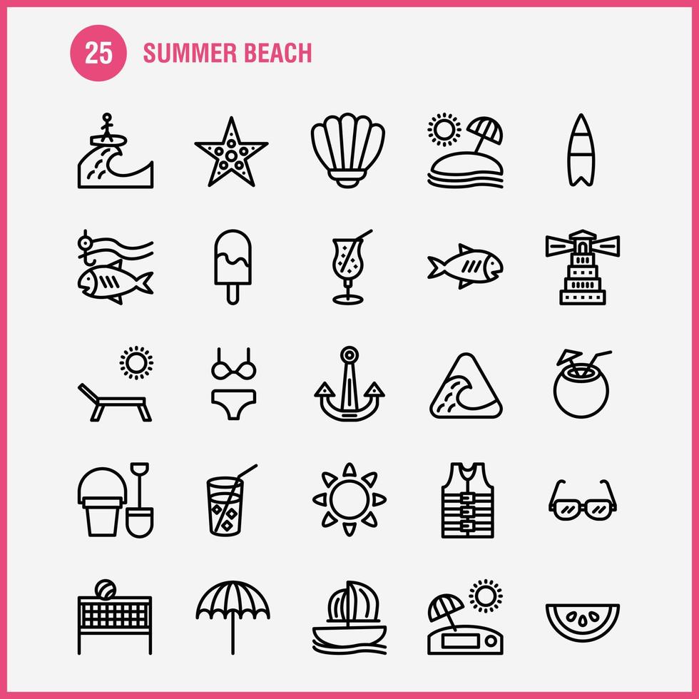 Beach Line Icon Pack For Designers And Developers Icons Of Fish Sea Star Starfish Coconut Fruit Tropical Beach Vector