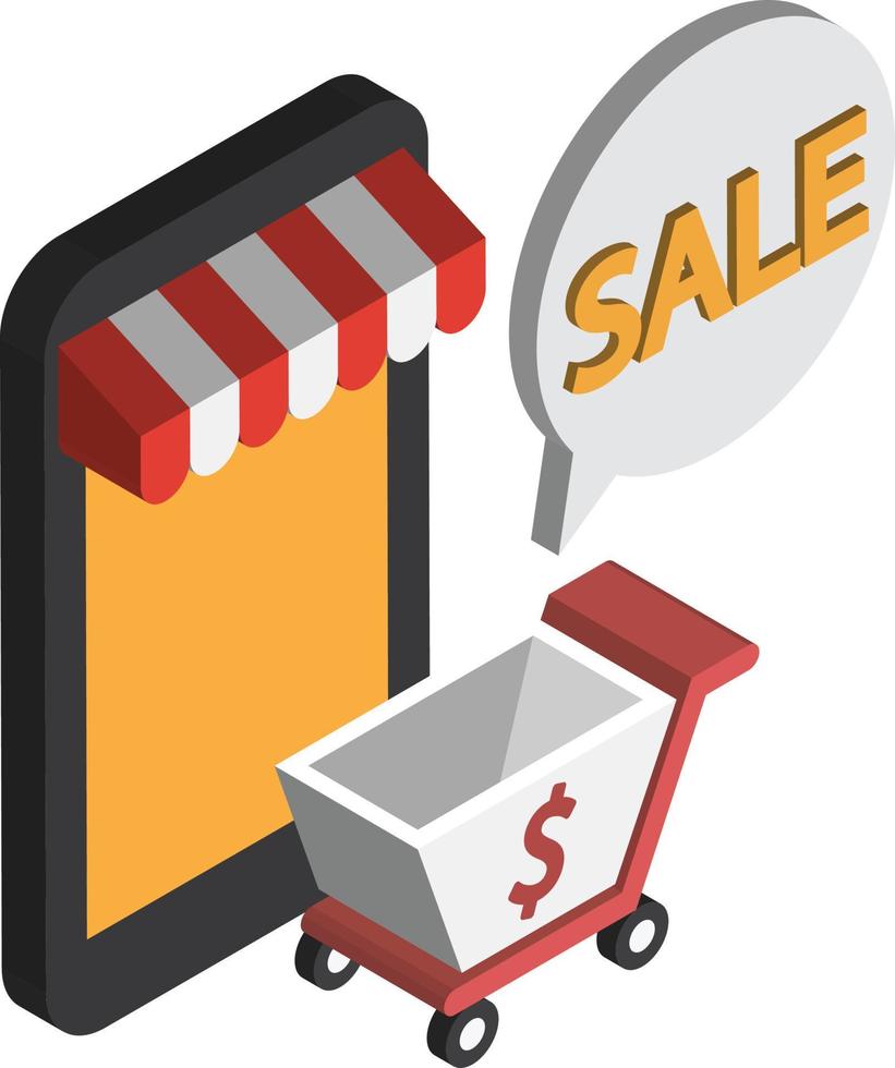 Smartphone and shopping cart illustration in 3D isometric style vector
