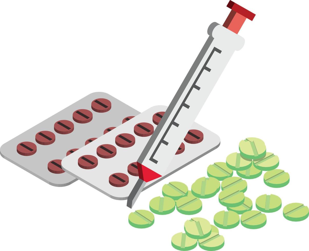 ilustración de pastillas y jeringas en estilo isométrico 3d vector