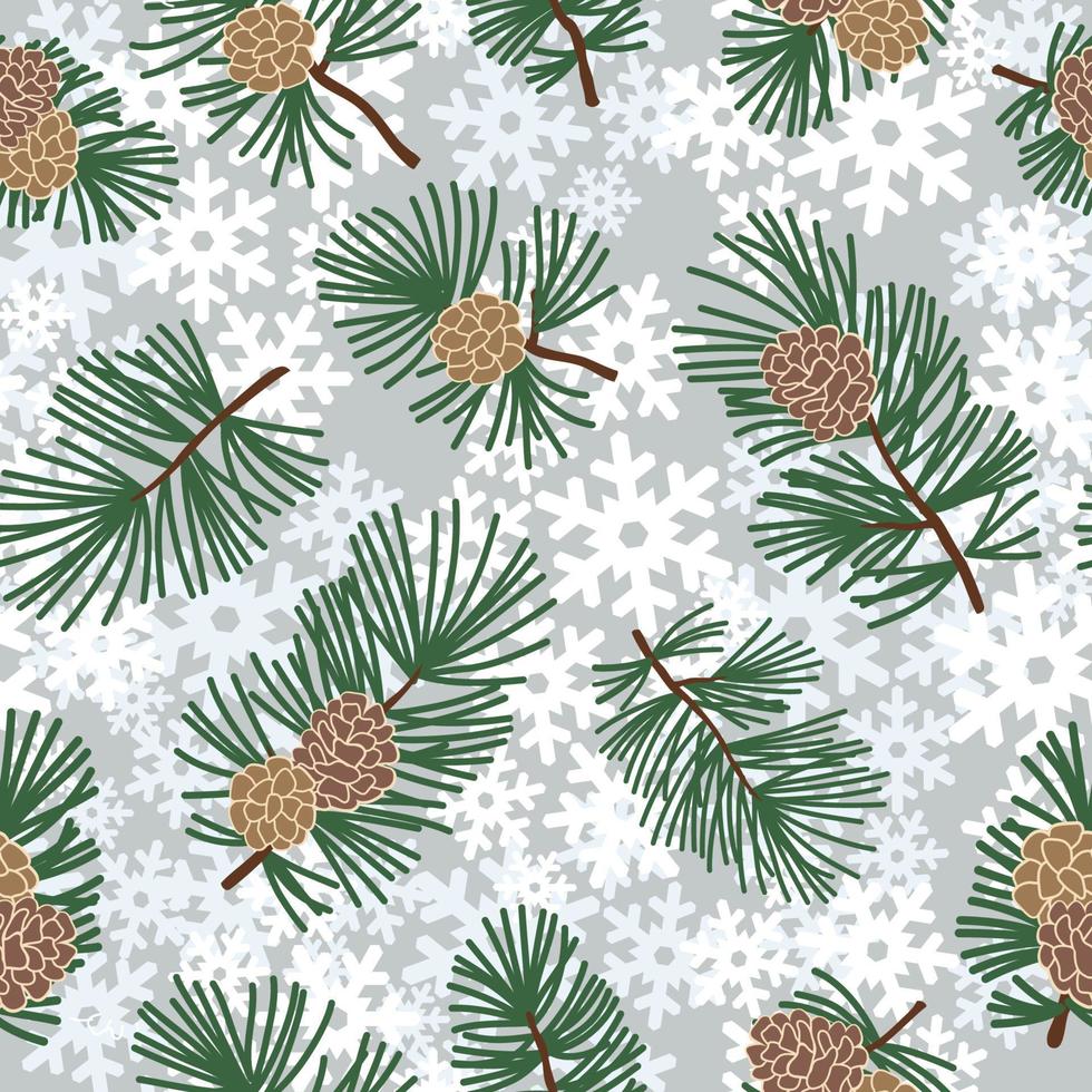 Seamless winter floral pattern with evergreen cone and snowflakes. Christmas texture.  Snow forest background. vector