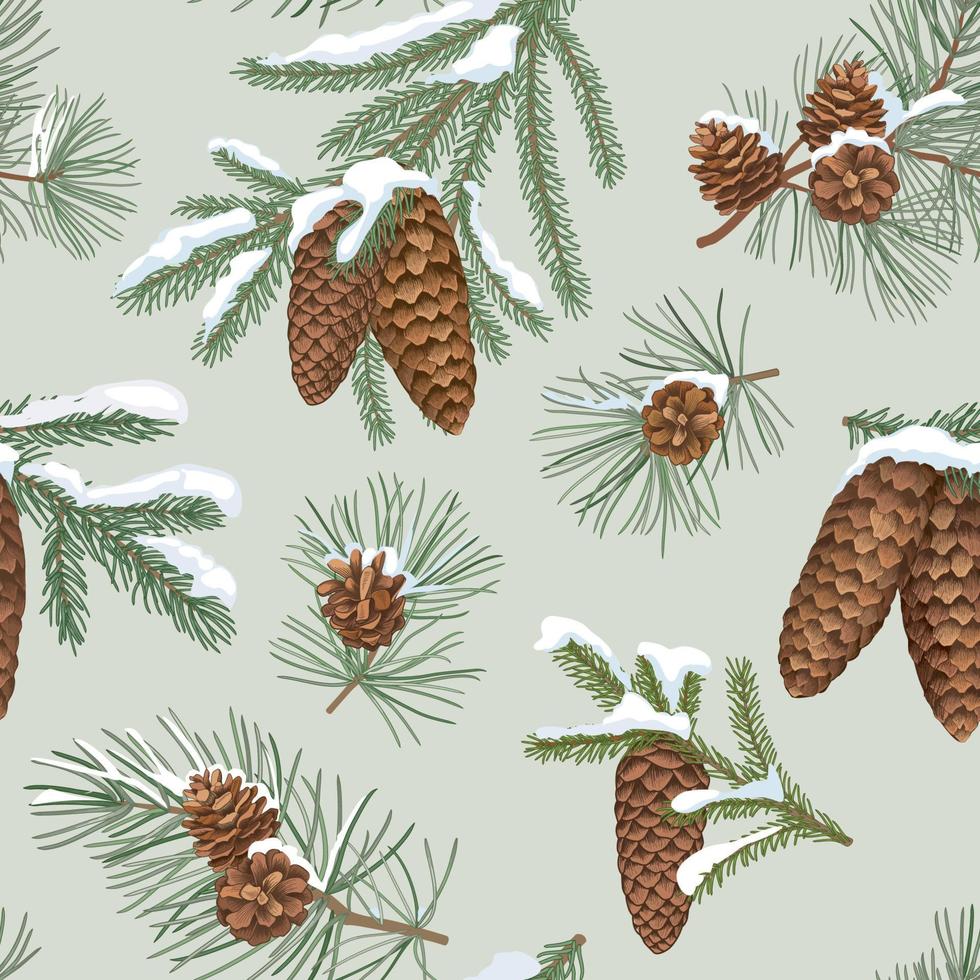 Winter evergreen christmas tree branches covered by snow. Winter holiday floral seamless pattern. Nature background with spruce, pine and cones. Vector
