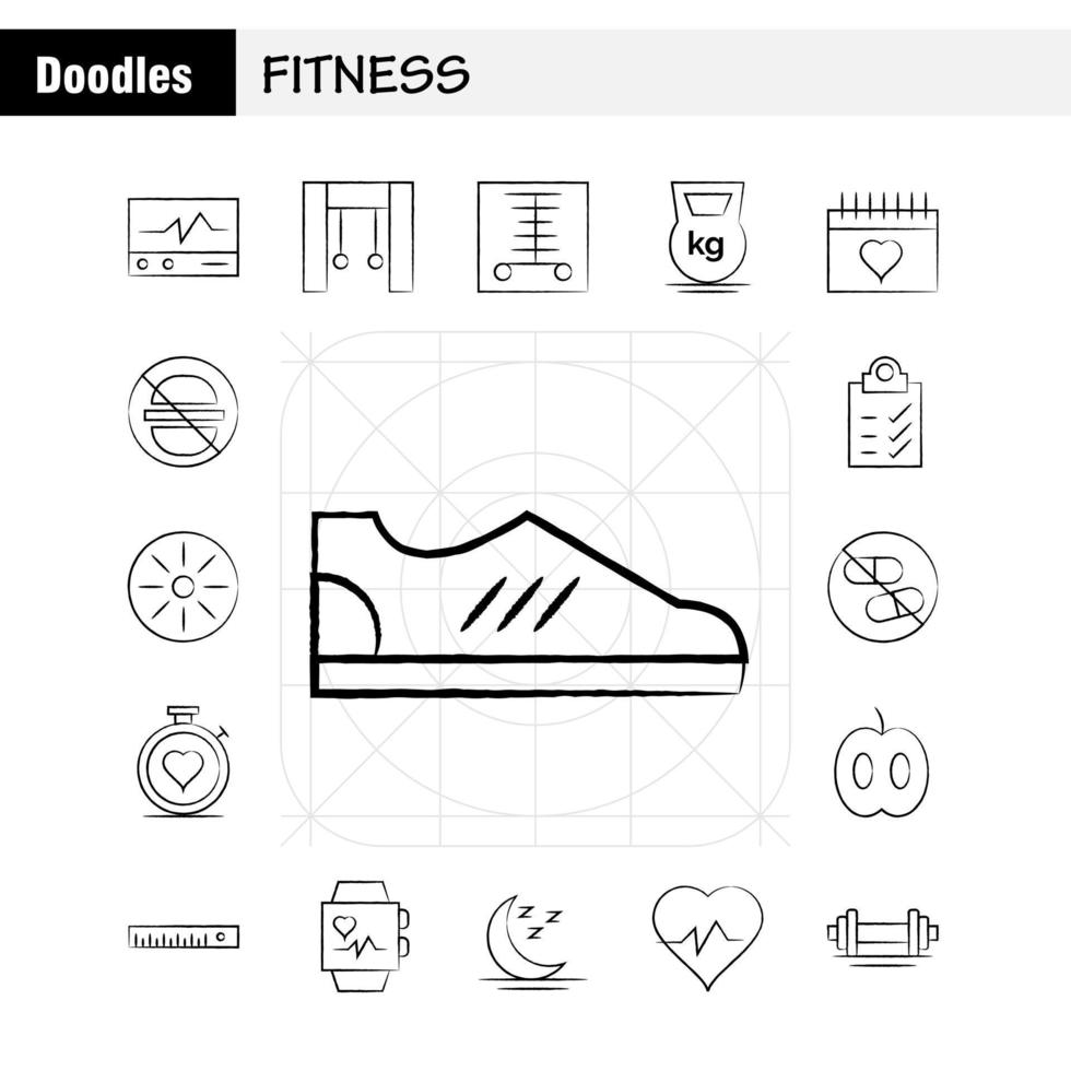 paquete de iconos dibujados a mano de fitness para diseñadores y desarrolladores iconos de escáner médico monitor de estadísticas fitness médico salud gimnasio vector