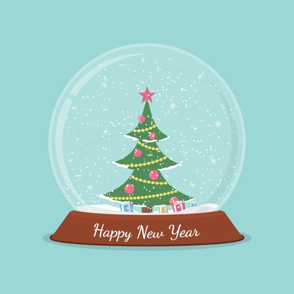 Happy new year snow globe with fir tree and gifts vector