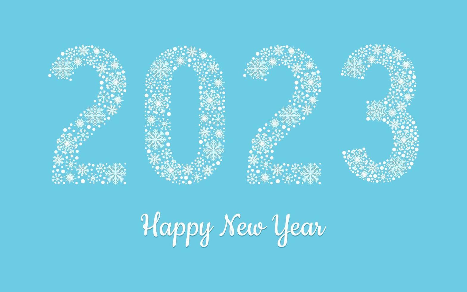 feliz año nuevo 2023 número hecho de copos de nieve sobre fondo azul vector