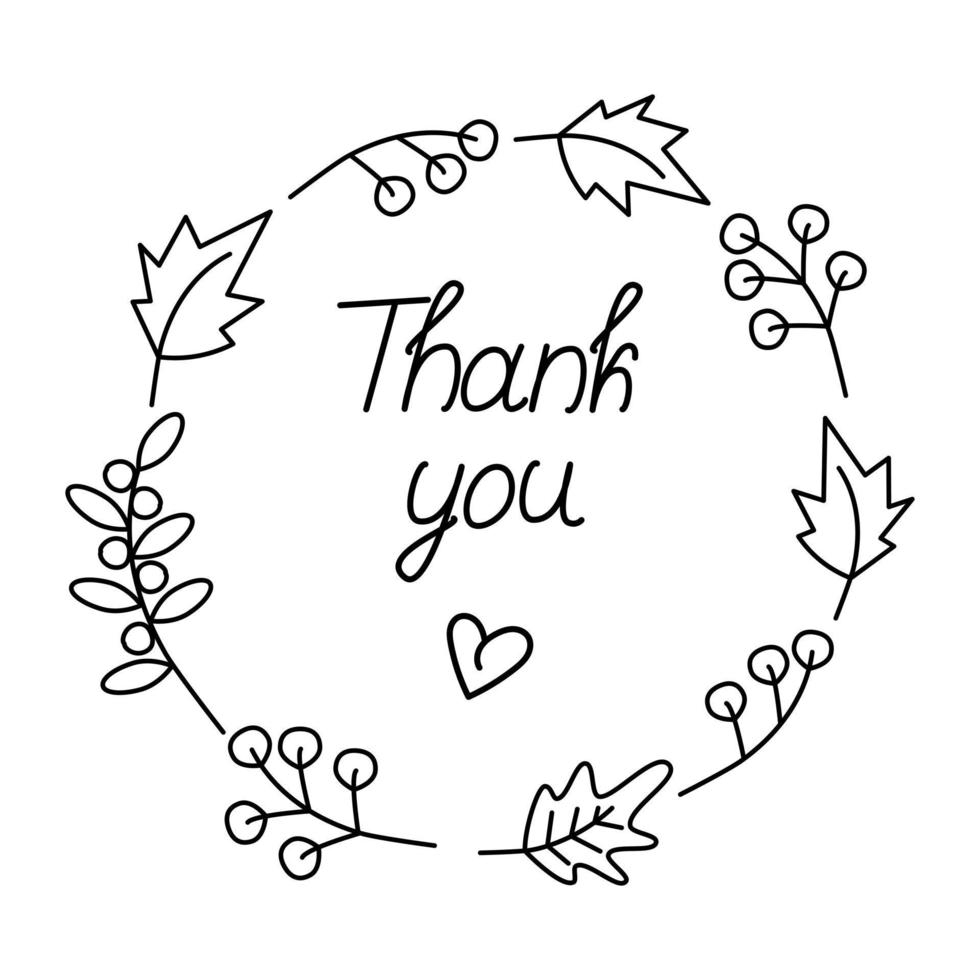 Thank you. Hand drawn thanksgiving text in round frame made of autumn plants and hearts shapes. Line vector