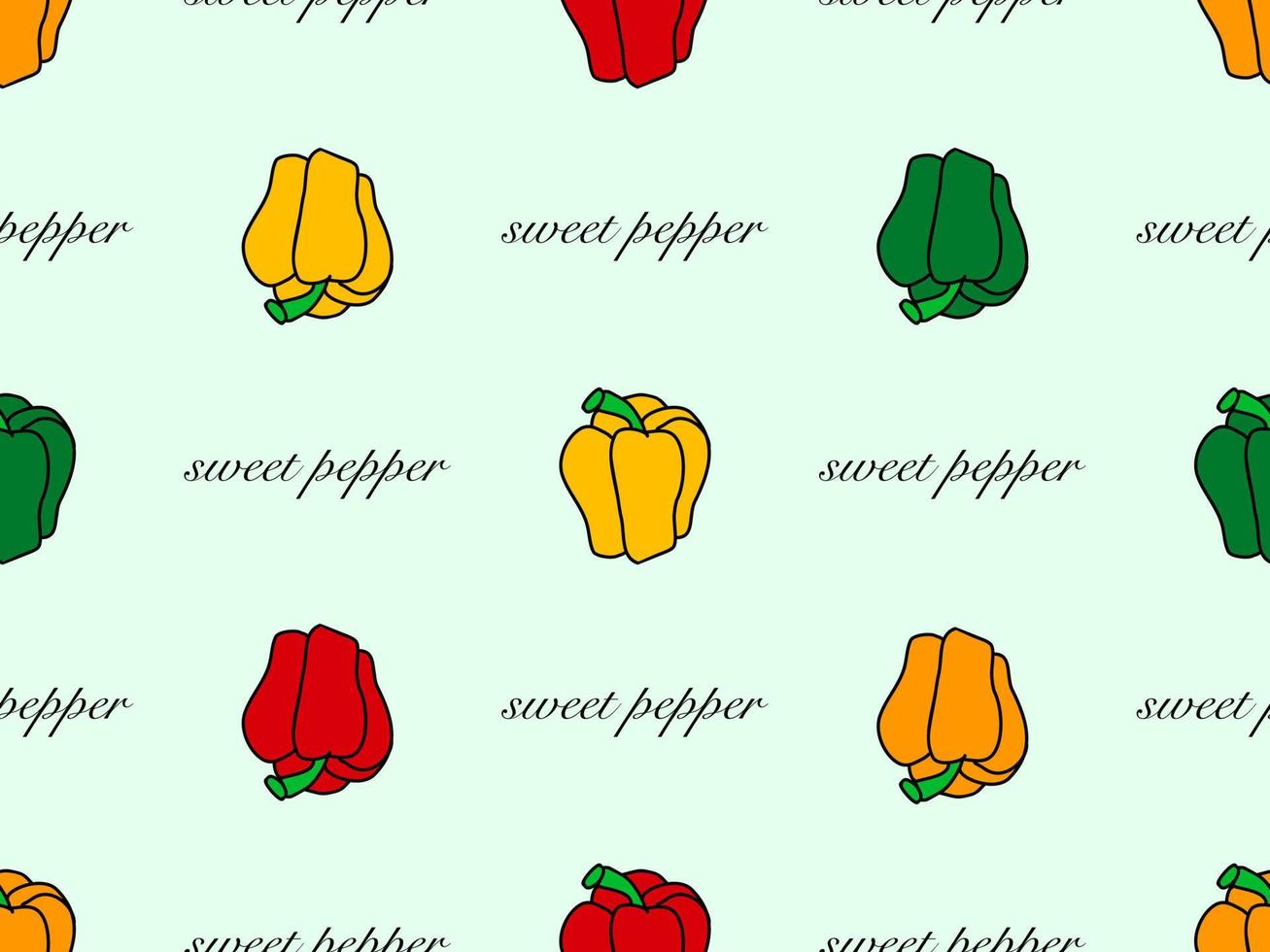 Sweet pepper cartoon character seamless pattern on green background vector