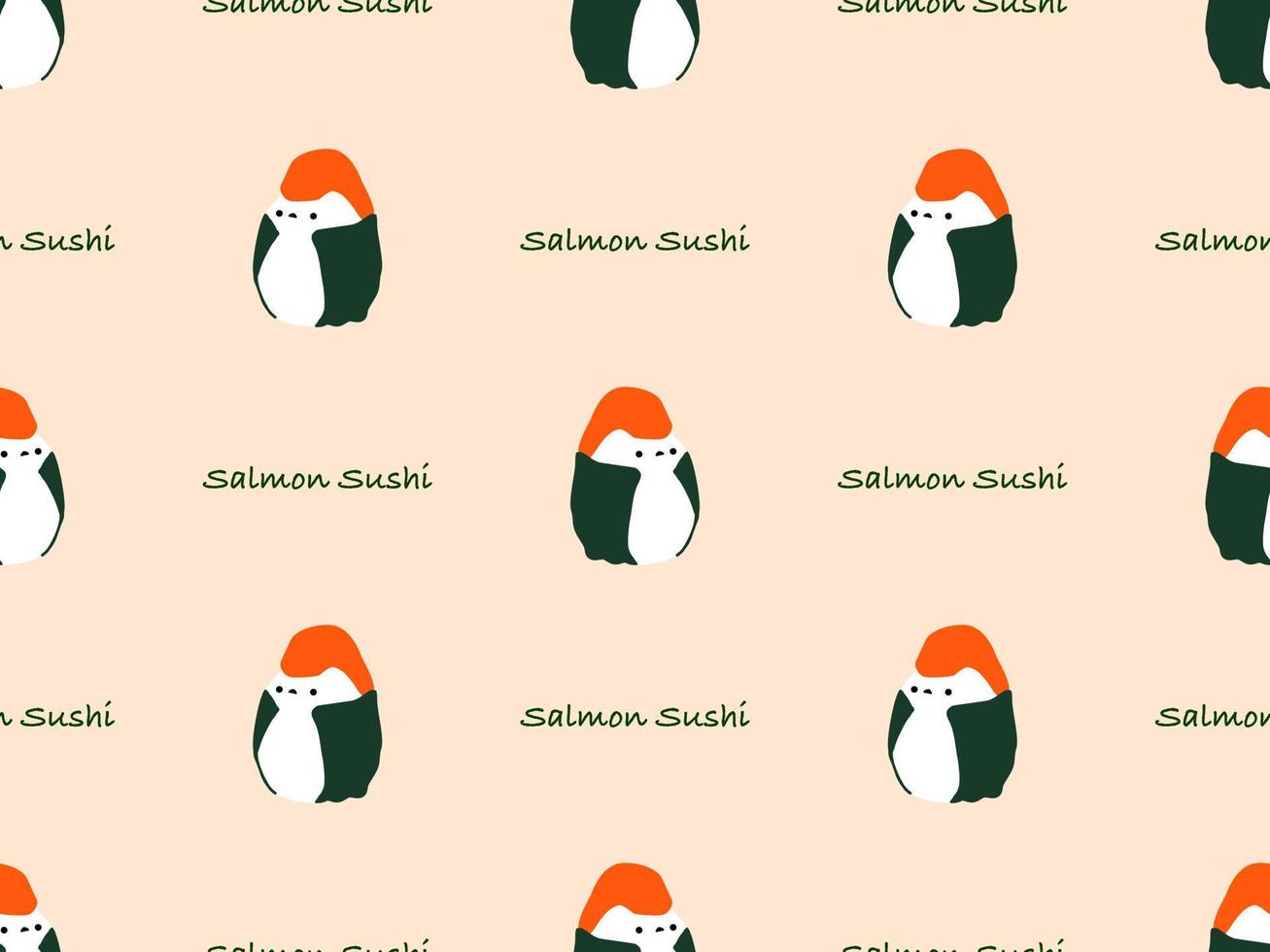Salmon Sushi cartoon character seamless pattern on cream background vector
