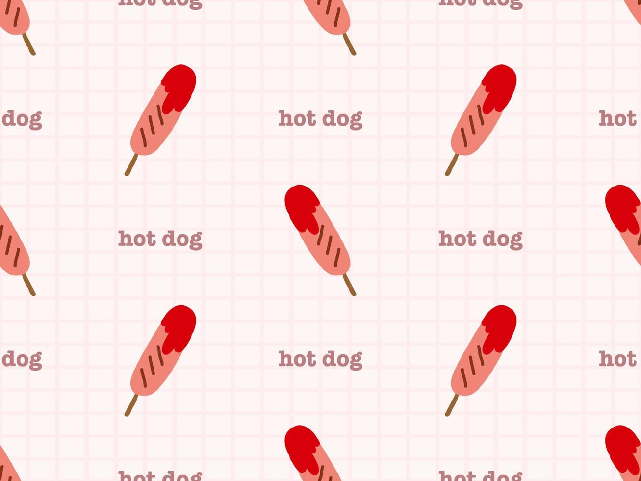 Hot Dog cartoon character seamless pattern on red background vector