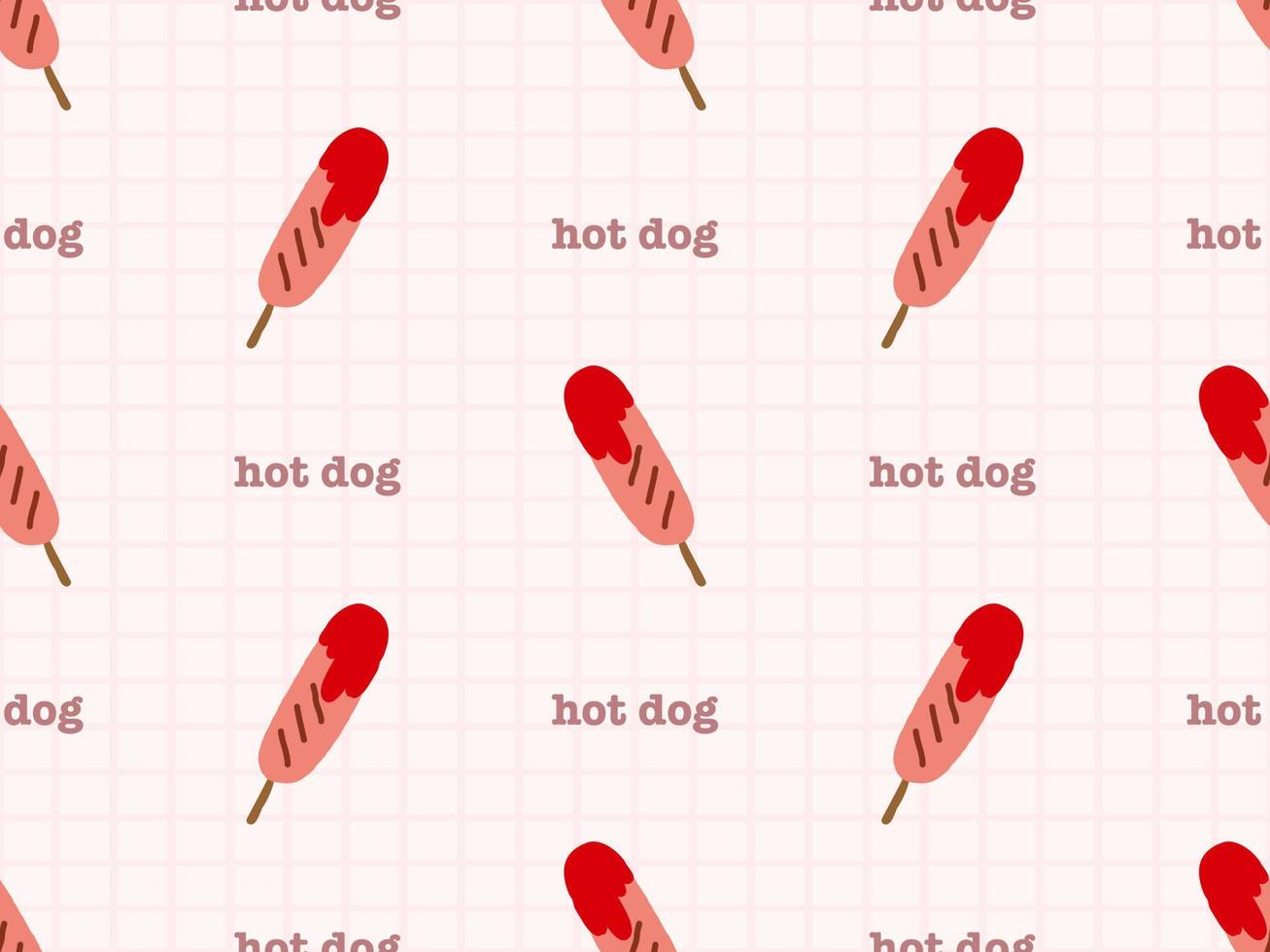 Hot Dog cartoon character seamless pattern on red background vector