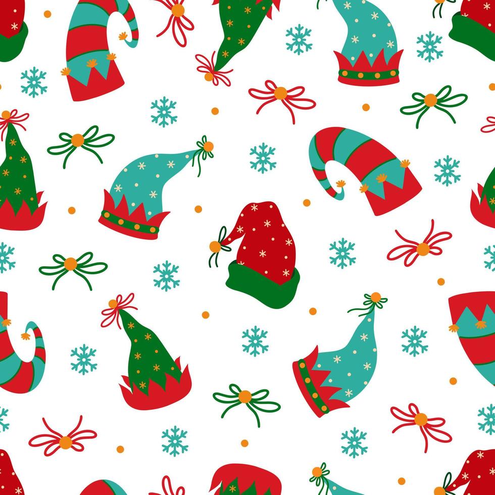 Christmas elf hats seamless vector pattern. Traditional red and green caps with golden bells, bows, ribbons, snowflakes. Santa Claus helper headdress. Flat cartoon background for cards, wallpapers