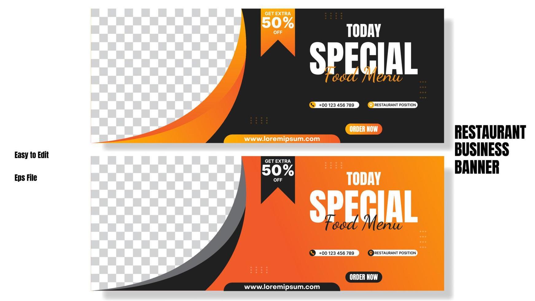 diseño de banner de menú de comida en color naranja y negro. diseño de banner de negocios de restaurante. adecuado para banner de redes sociales o banner web vector