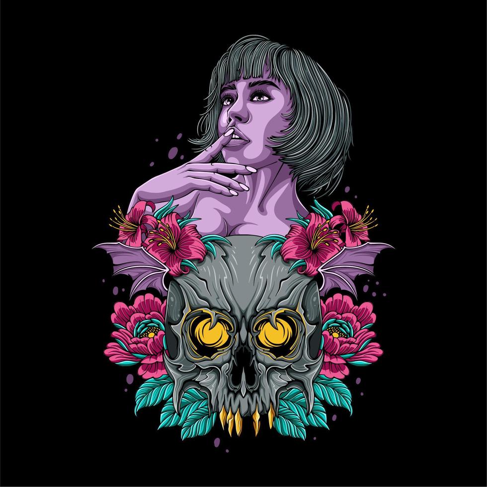 calavera de diablo colorida con una chica encima con flores y hojas por todas partes para el diseño de camisetas vector